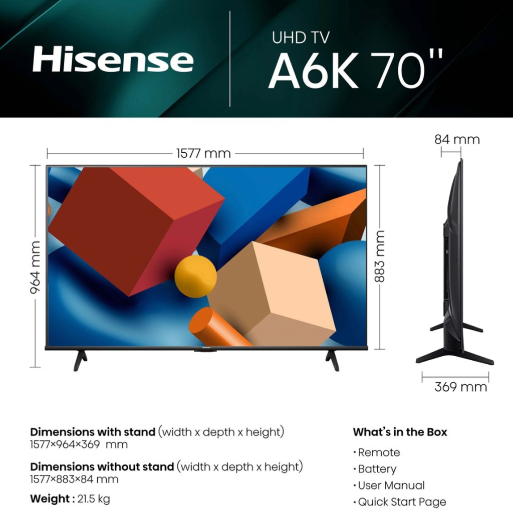 Buy Hisense 70 inch 70A6KS 4K UHD Smart TV | Kanta Uganda